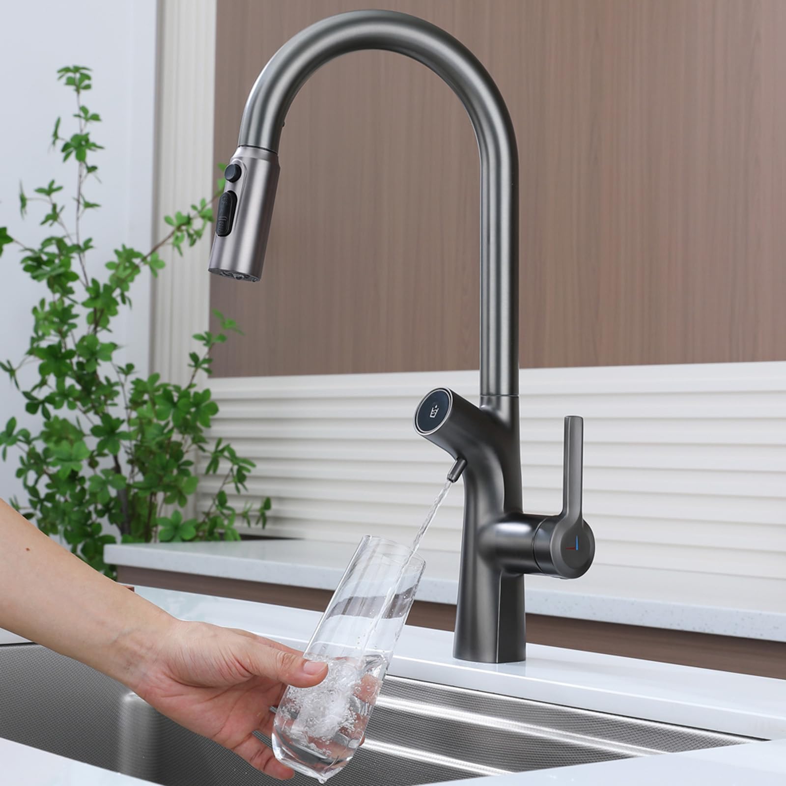 Grifo Cocina 3 Vias Osmosis Extraible Acero Inoxidable Cepillado Grifo de Cocina Un Solo Orificio Agua Fría y Caliente Agua Purificada-Cepillado