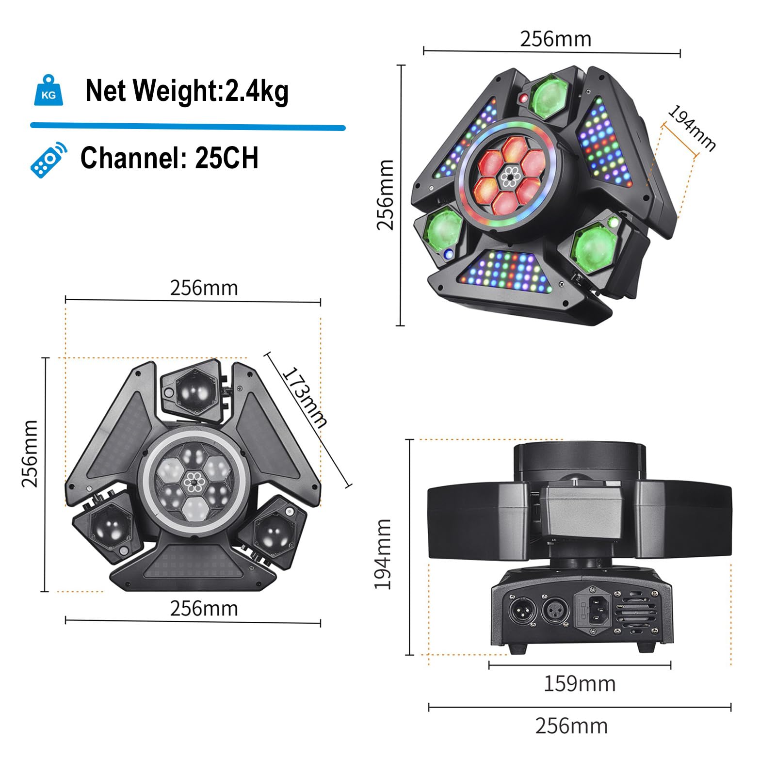 Foco de escenario LED Bee Eye de 3 brazos, foco RGBW para DJ de 80 W con efectos multicolores, luz estroboscópica activada por sonido con DMX512