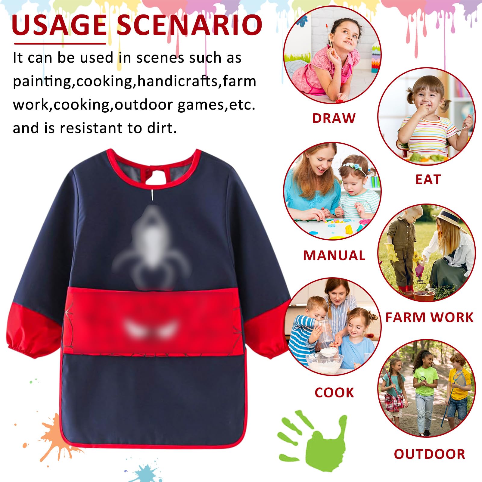 Tablier Peinture Enfant Imperméable Blouse 3-7 Ans avec Poches Manches Longues pour Activités Scolaires Dessin Cuisine