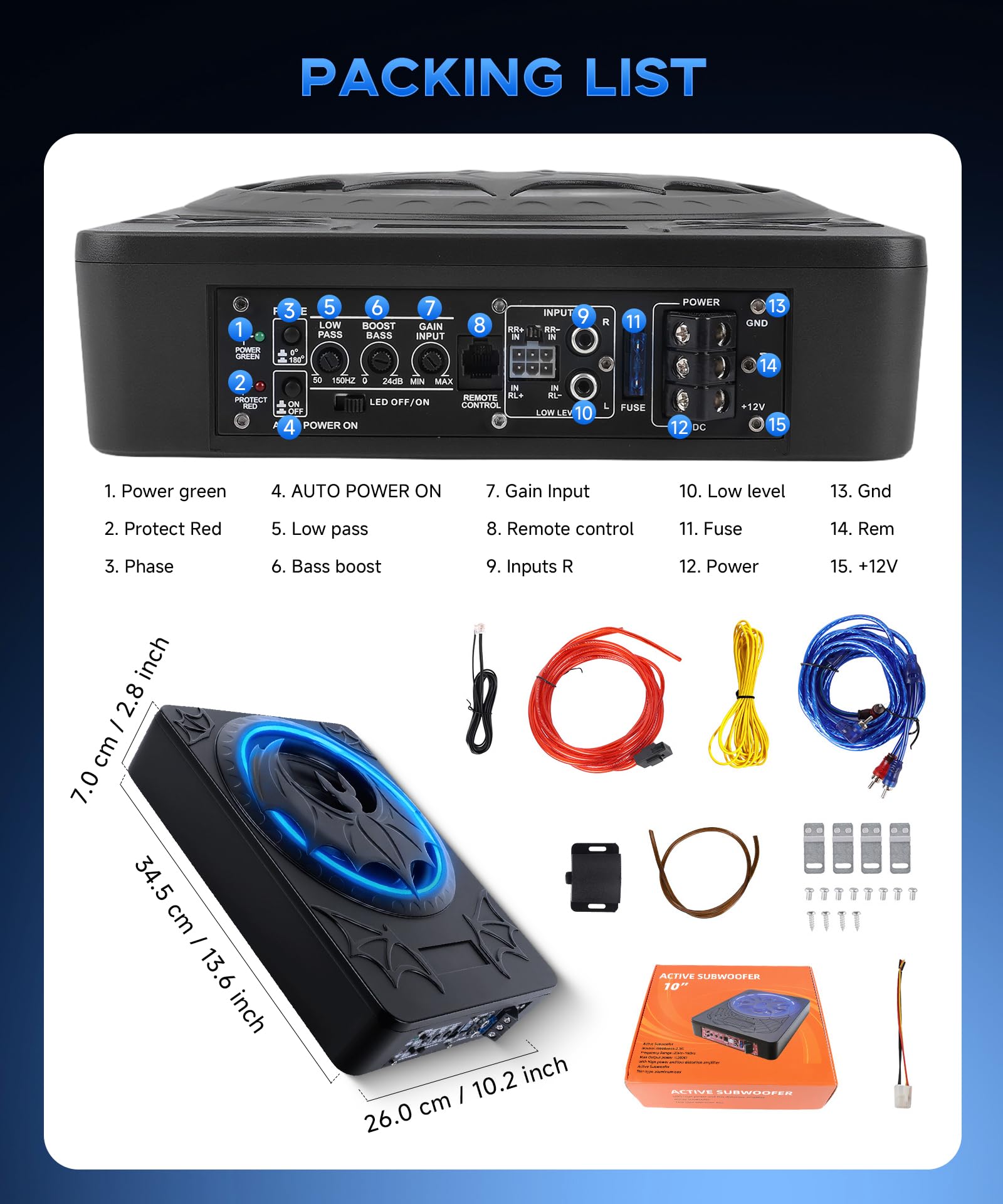 Subwoofer Attivo per Auto da 1200W 10 Pollici, Set Subwoofer e Amplificatore Ultrapiatto ad Alta Potenza da Posizionare Sotto il Sedile con Luce RGB Sincronizzata al Ritmo, Modello di pipistrello