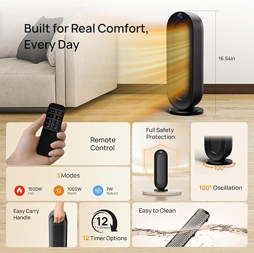 Miniatura 8 de Calentador de espacio para uso en interiores, calentadores eléctricos de 1500 W con oscilación de 100, temporizador de 1 a 12 horas, control remoto,