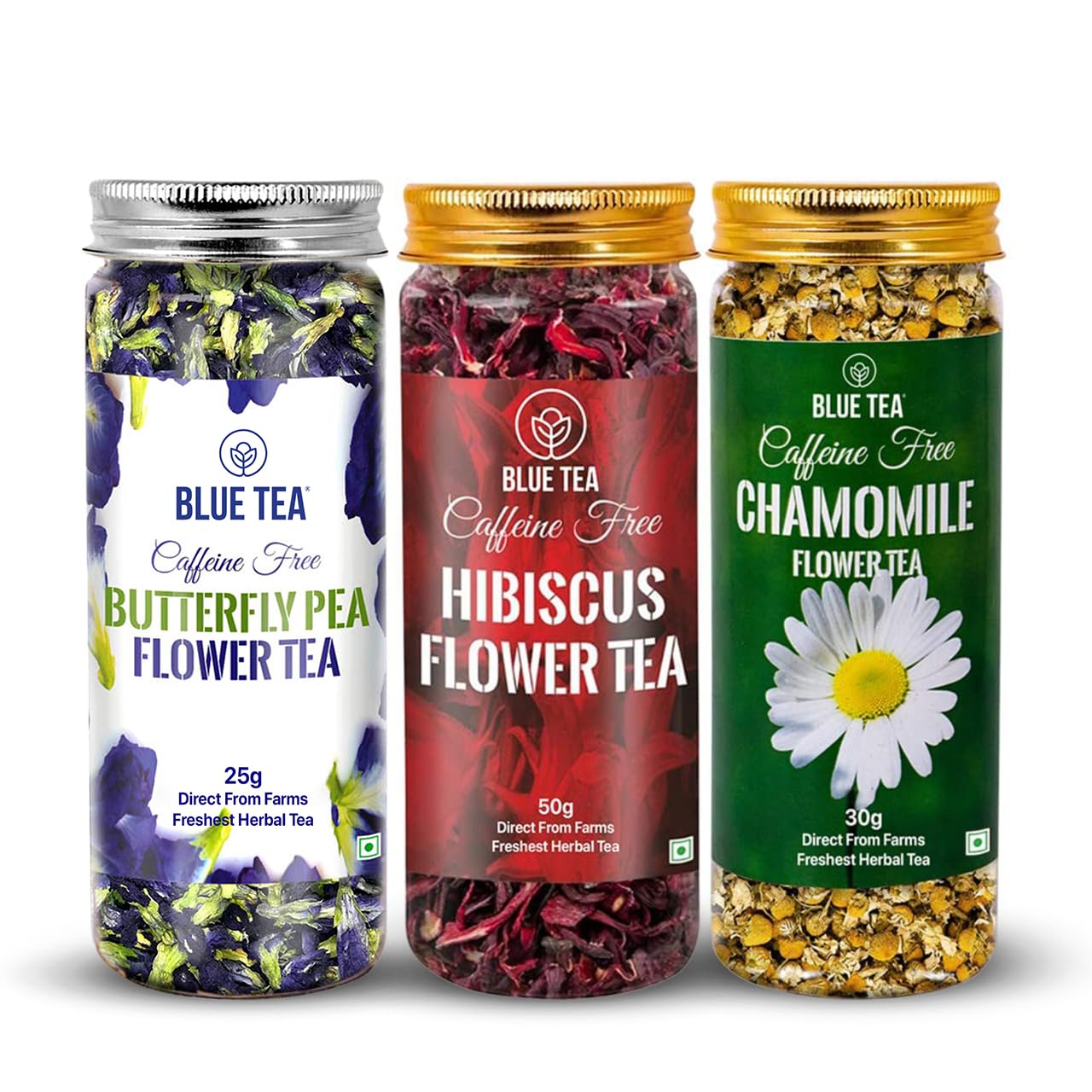 BLUE TEA - 3 in 1 Combo | Butterfly Pea Flower - 25g, Hibiscus - 50g, Chamomile - 30g | For Skin Glow & Sleep & Antioxidant Rich | Caffeine Free - Herbal Tea - Flower Based - Non Bitter | Featured In Shark Tank | Reusable Pet | Gift Pack-image-38
