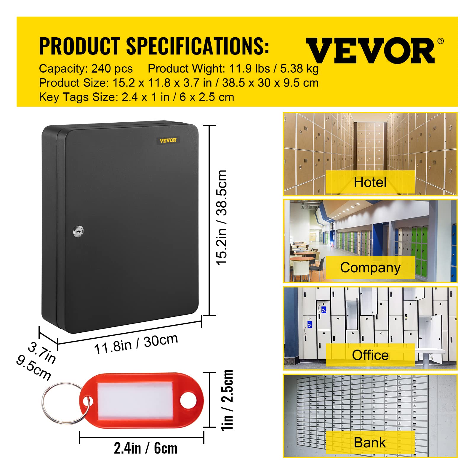 VEVOR Key Cabinet, Key Lock Cabinet Steel, Q235 Steel Key Storage, Wall Mounted Key Storage Box, Black Key Box Organizer for School, Office, Hotel, Bank (240 Positions)