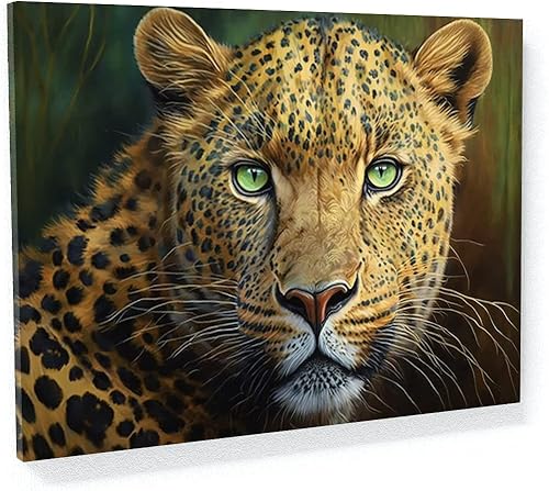 Sense Canvas Arte en lienzo con retrato de leopardo verde 2 Decoración del hogar para pared, póster grande 40 x 30 0.75 pulgadas