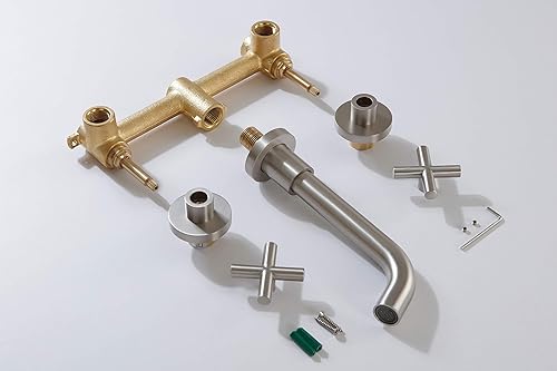 Miniatura 6 de SITGES Grifo de baño de níquel cepillado, doble manija para montaje en pared, grifo de fregadero de baño y válvula áspera incluida (níquel cepillado)