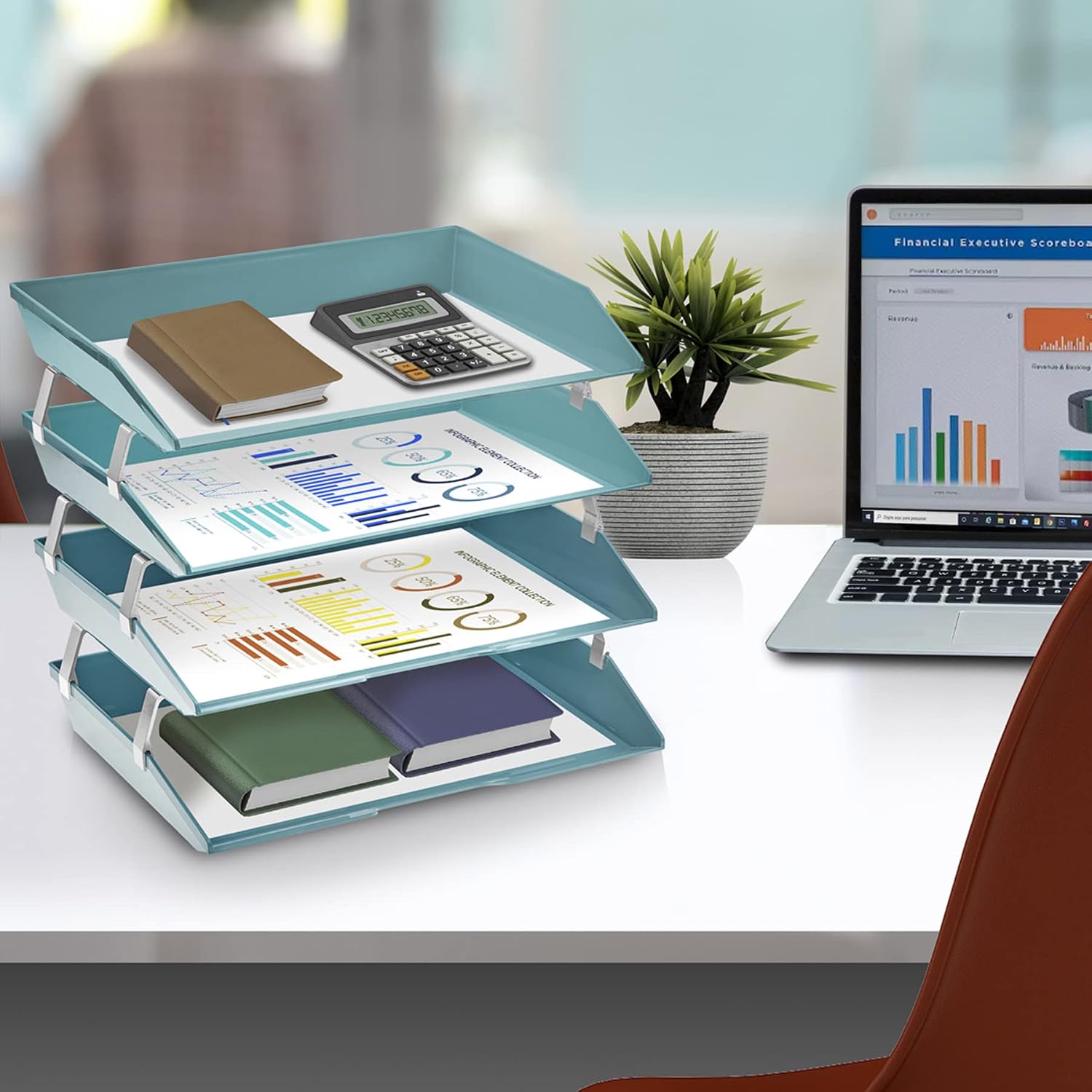 Acrimet Facility 4 Tier Letter Tray Side Load Plastic Desktop File Organizer (Solid Green Color)