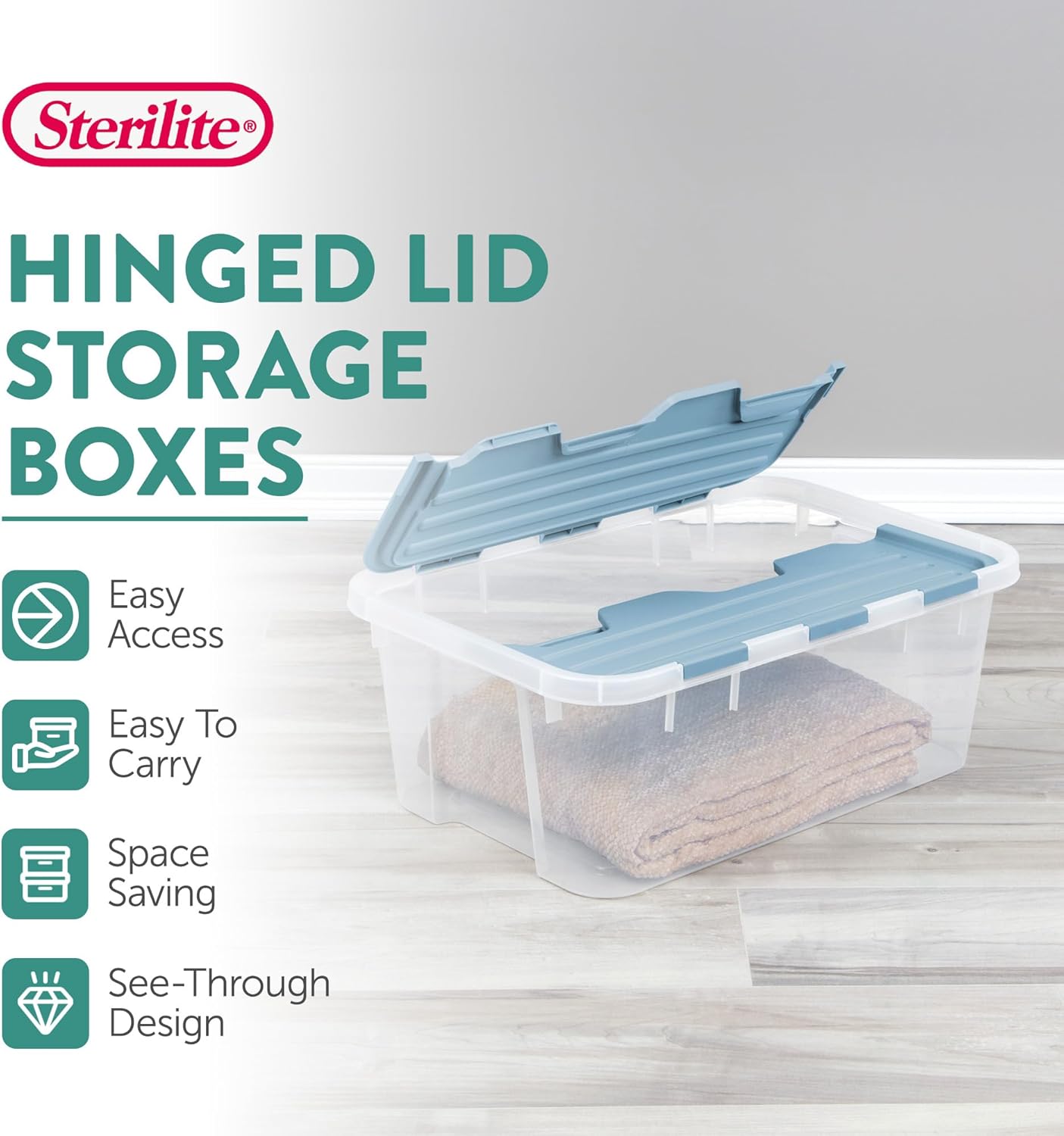 Sterilite 12 Pack Hinged Lid Storage Box, 40 Qt Plastic Container, Washed Blue - Home Organizer Tote for Storing Shoes, Crafts, Clothing, or Decor