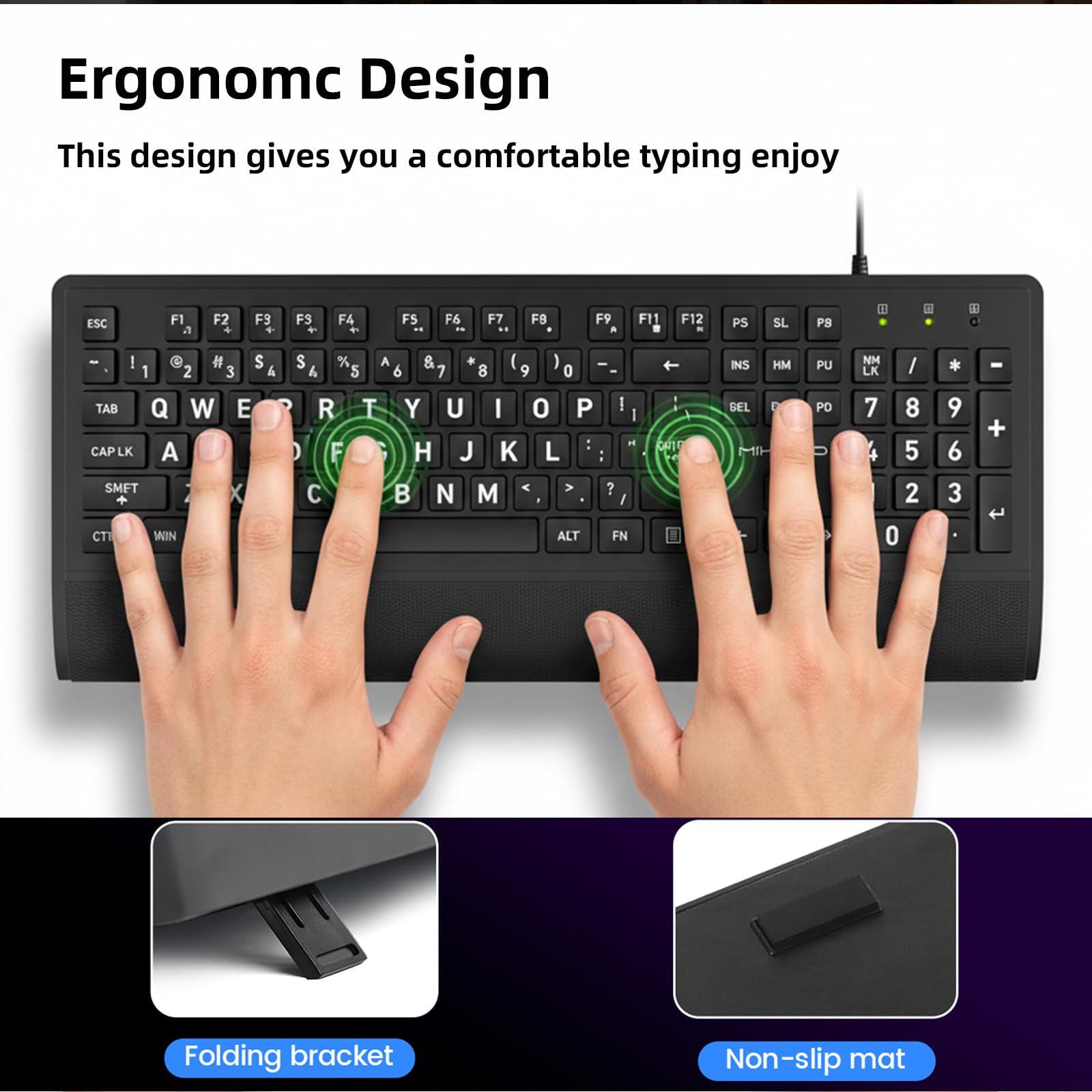 Grande tastiera per computer, con cavo, USB, con coperchio, poggiapolsi, lettere chiave sovradimensionate per ipovedenti e ipovedenti, facile da vedere e digitare per laptop, PC, Windows