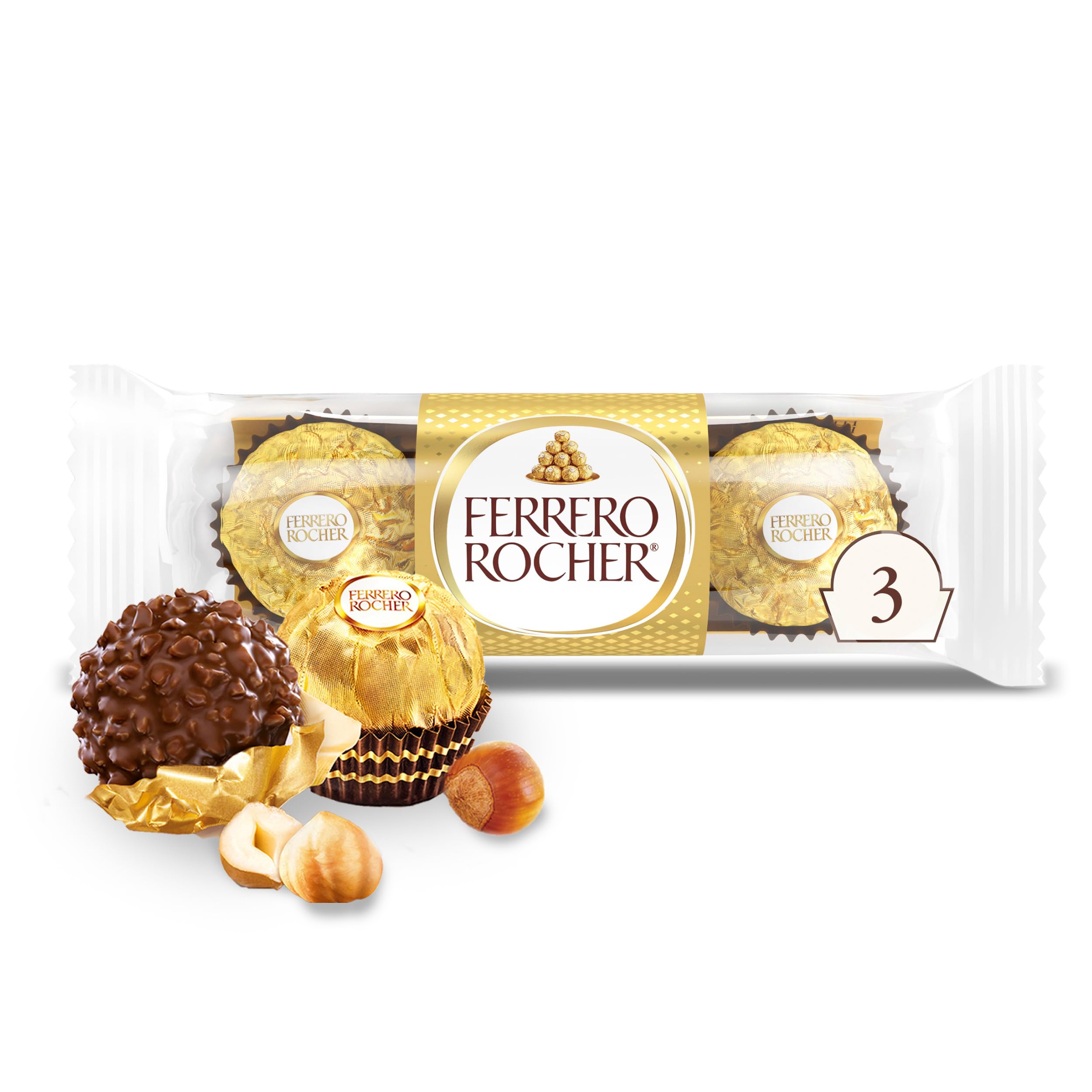 Ferrero Rocher Chocolate Candy, Hazelnut Milk Chocolates, 3 Ct, 1.3 oz