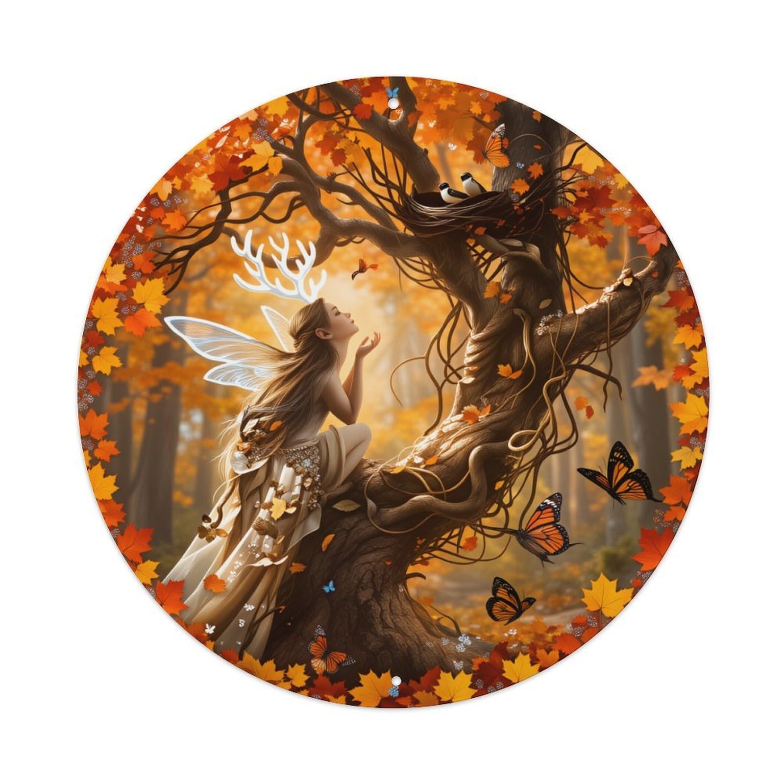 Wmlzdnwr Vintage Fairy Autumn Tree Leaves Butterflies Wings Nature Magic Forest Round Tin Sign,Retro Wall Art,Metal Poster For Home, Bar, Garage, Cafe, Rustic Indoor & Outdoor Decor, 8X8 Inches