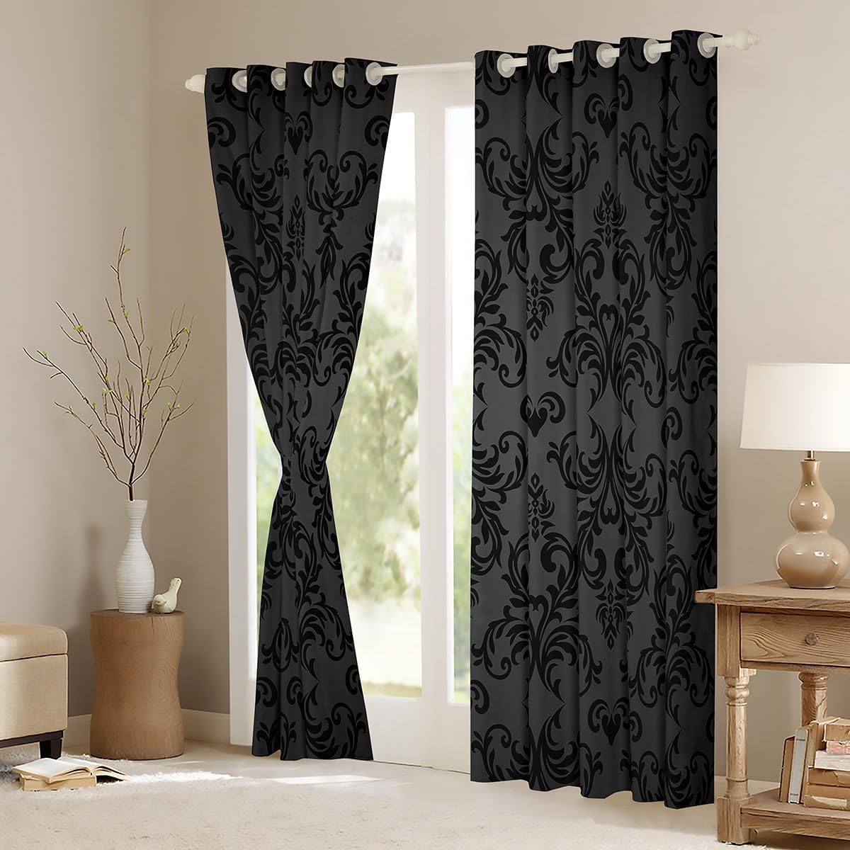 Feelyou Jacquard Damask Window Curtains for Bedroom Living Room Damask Floral Curtains Blackout Boho Window Drapes Black Grey Window Treatments 52W X 63L,2 Panels