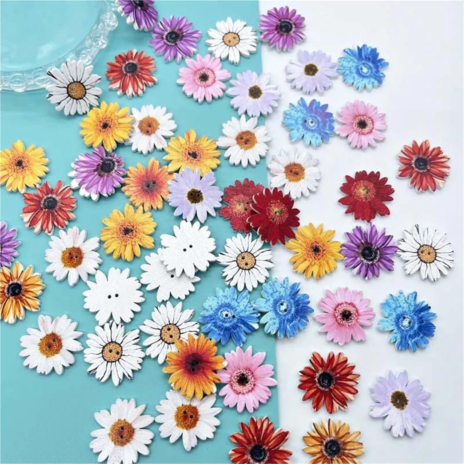 Botones 50/10 botones de madera con forma margarita y girasol for manualidades. Pintados, flor 2 agujeros. Botón plano for Navidad para bricolaje(50pcs)