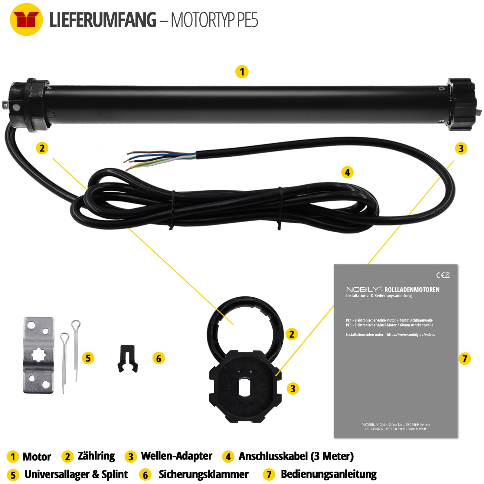 NOBILY Elektronischer Rollladenmotor PE5 20/15-60(Zugkraft 20Nm/50kg) mit elektronischen Endabschaltern für 60mm Achkantwelle(SW60), Rollladenantrieb, leichte Montage, inkl. Motorlager und Adaptersatz