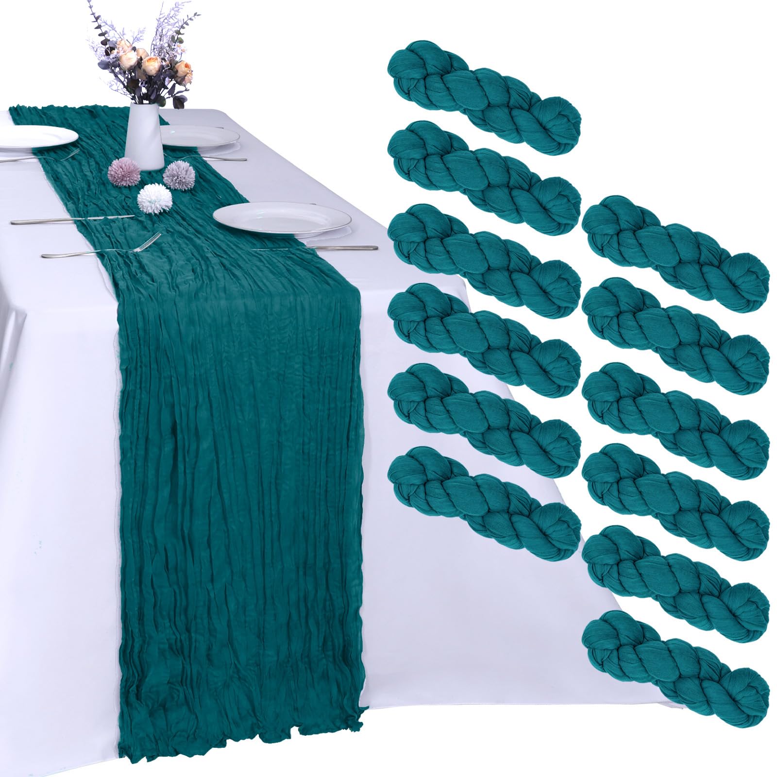 RestfulGlow 12 Pack Teal Cheesecloth Table Runner 10FT Cheese Cloth Boho Gauze Fabric Table Runner 35 x 120 Inch Rustic Sheer for Holiday Wedding