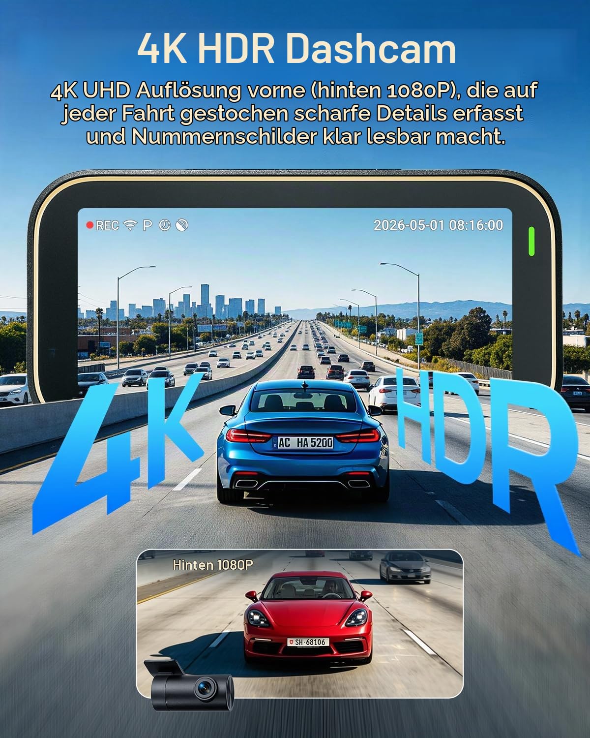 【70mai A810 Lite Dashcam + 64GB SD Karte + UP04】 70mai A810 Lite Dashcam, HDR Dual-Kanal Dash Cam, 2160P+1080P mit 64GB Karte, 24H Parküberwachung mit 4G LTE Fernzugriff