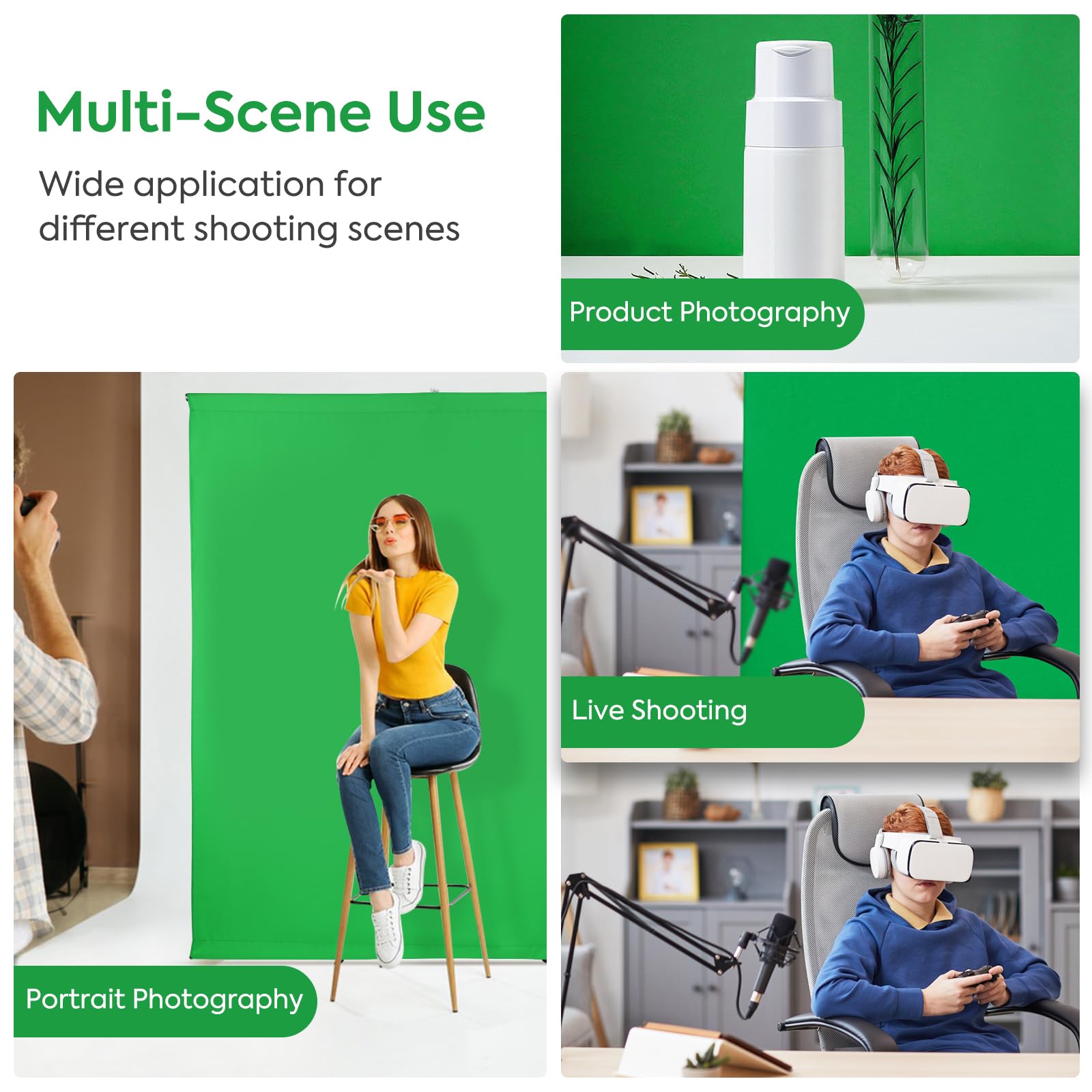 Greenscreen con supporto, 2,6 x 2 m, supporto per sfondo fotografico con Chromakey, per YouTube, video, studio fotografico, streaming, giochi, TikTok