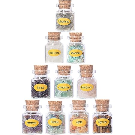 VOFUWS Mini Crystal Gemstone Wishing Bottles Healing Stone Set Tumbled Chip Stones for DIY Jewelry Making Home Decoration for Healing Reiki Box Kit(10PCS)