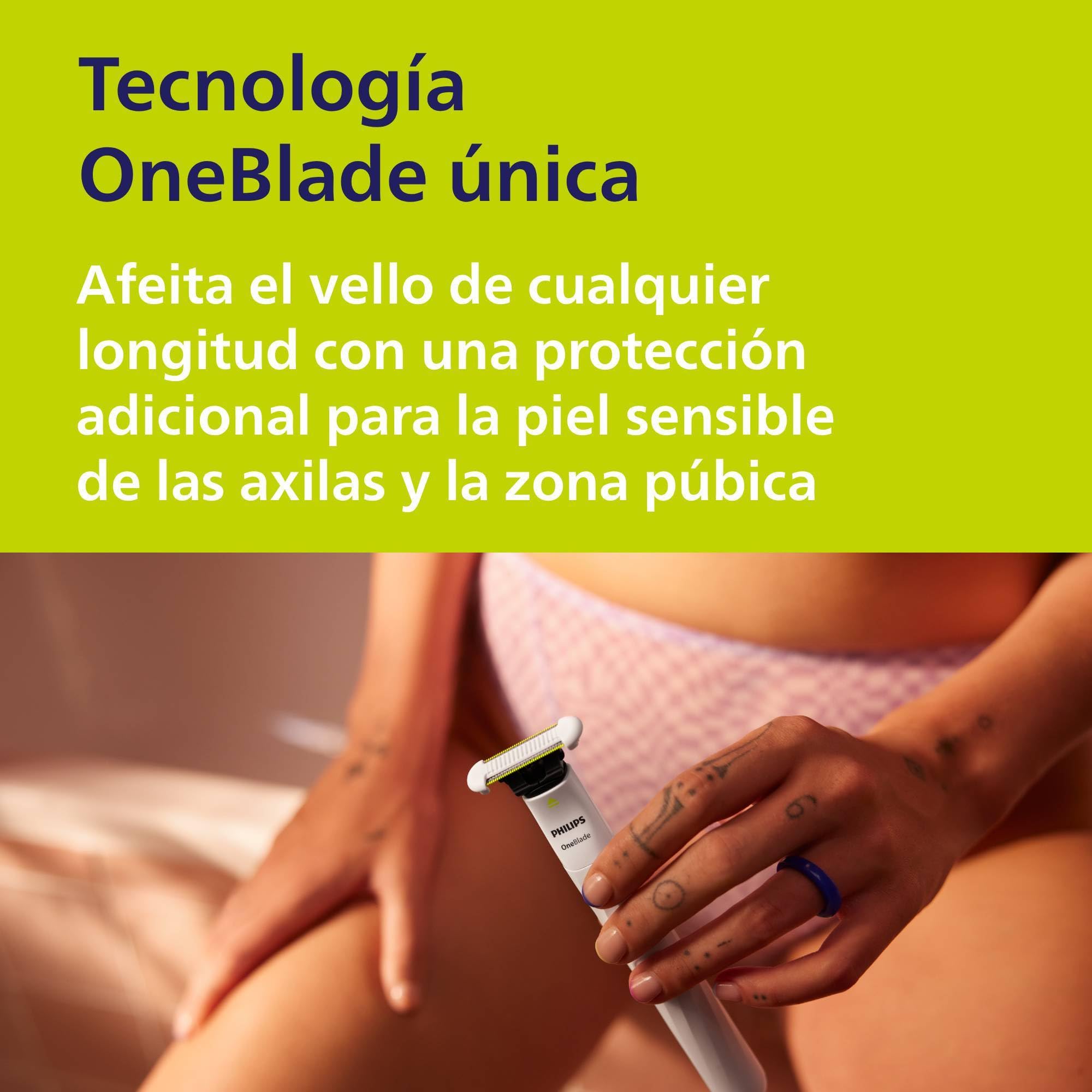 Philips OneBlade Intimate, Cuidado Íntimo, Recorta y Afeita con Protección Extra para la Piel, Depilación apurada y cómoda — sin rasurar completamente al ras, Modelo QP1924/28