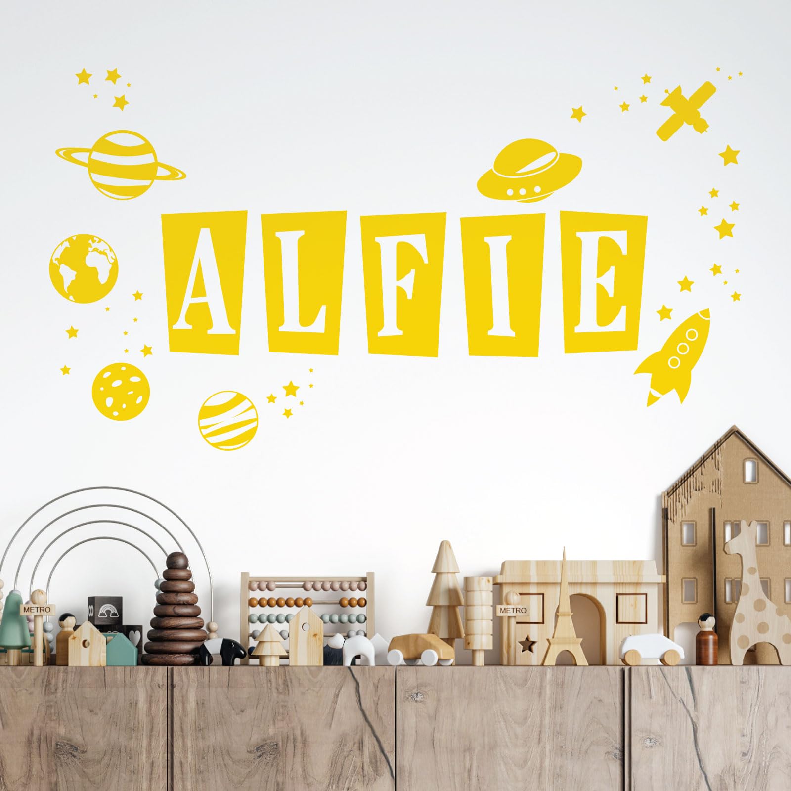 Personalised Name Children Wall Art Sticker - Space Theme, Planets, Stars, Earth, Rocket, UFO [Large] [Medium Yellow] — image 1