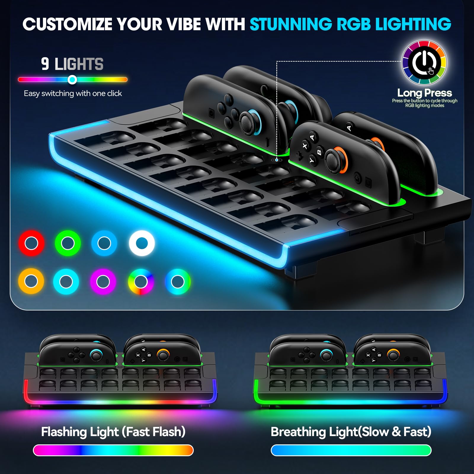 Estación de Organización para Switch 2 2025 Consola & Mando , Rápida Magnética Base de Carga para Joy-Con 2 con 9 Modos RGB, Dock de Almacenamiento para Switch 2 Accesorios para 16 Tarjetas de Juego
