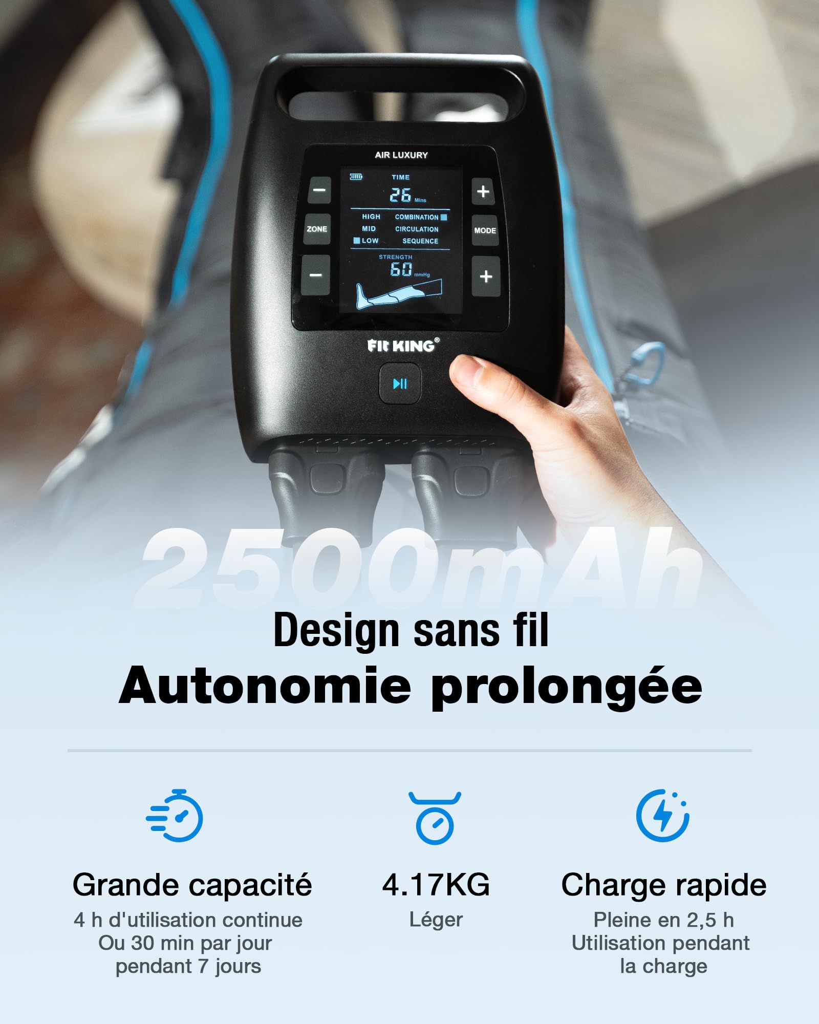 FIT KING Pressothérapie Jambes avec Contrôle 4 Zones, Rechargeable, Bottes de Compression d’Air pour la Récupération et la Relaxation Musculaire Profonde, Portable sans Fil, 12 Intensités, 3 Modes (M)