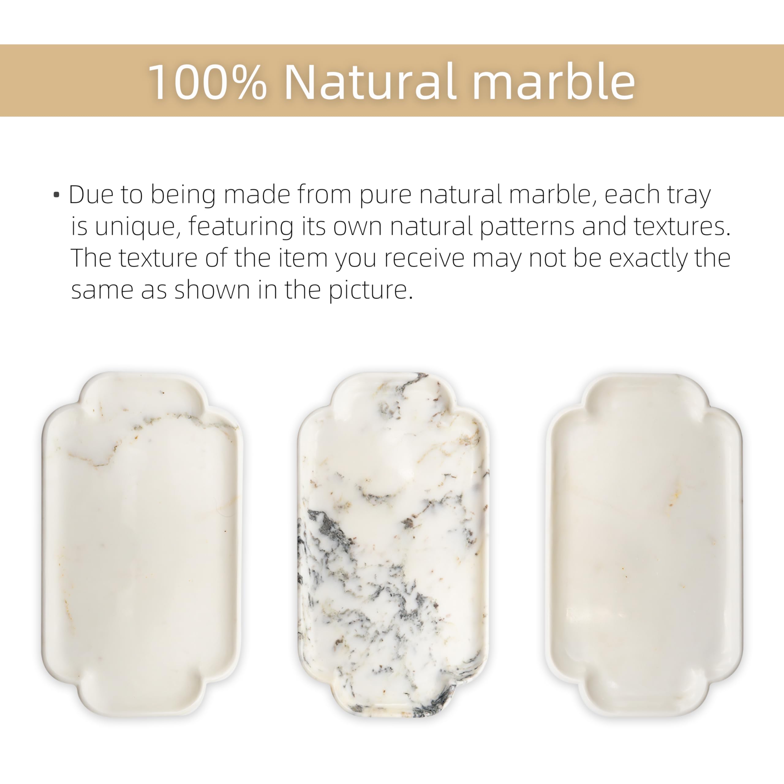 Marmor Vassoio da bagno in vero marmo naturale per profumi, candele, gioielli in pietra, organizer per bagno e cucina, decorazione per la casa (piatto lungo in pizzo marmo dorato Calacatta)