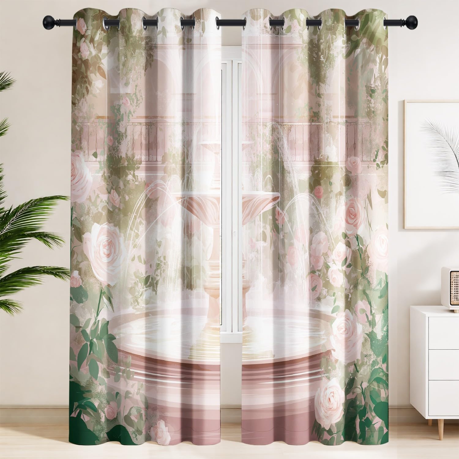 Rideaux occultants roses et fontaine pour préserver le sommeil de bébé