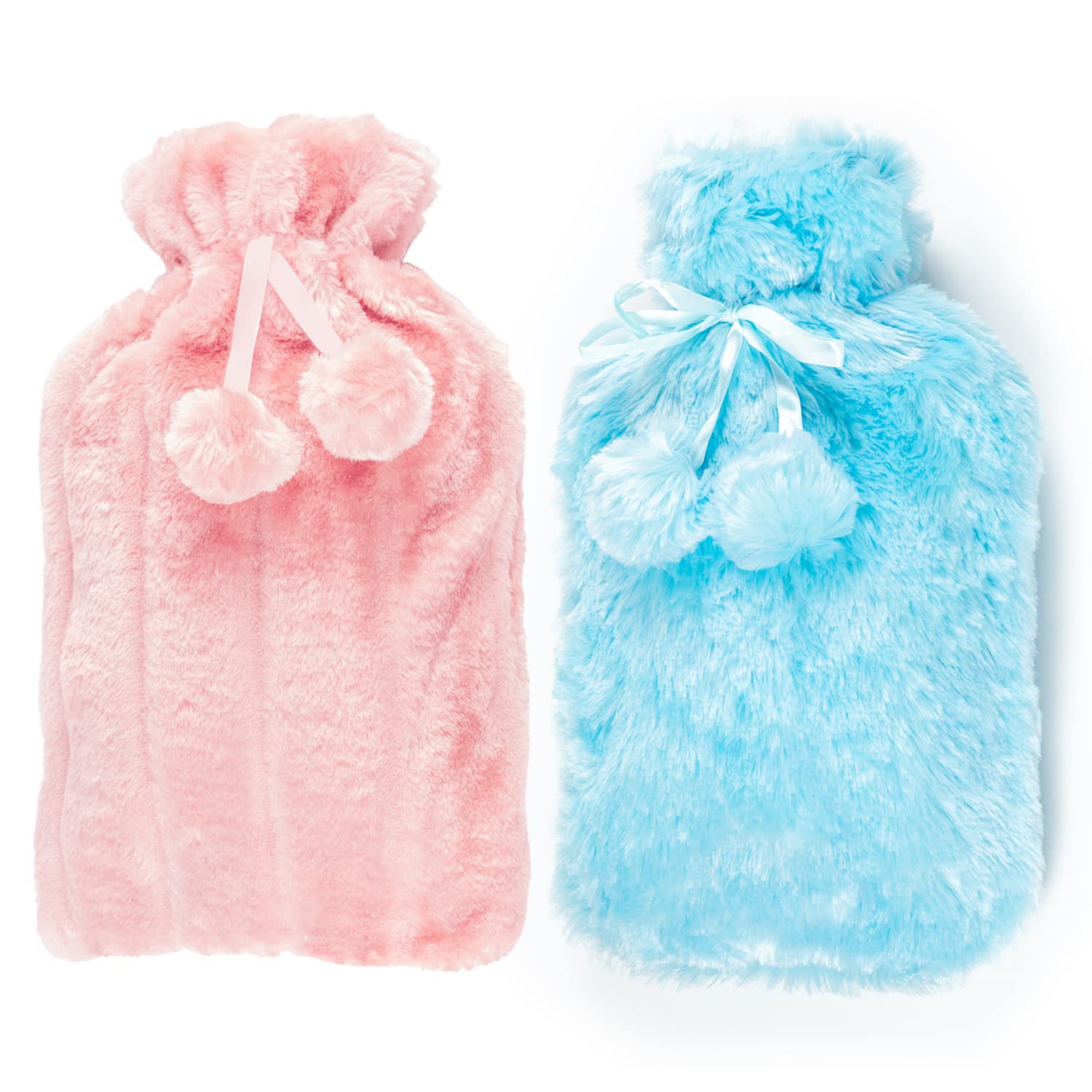 Lot de 2 bouillottes avec housse UK – 2 bouillottes en caoutchouc naturel de 2 litres – Sac d'eau chaude parfait pour soulager la douleur, chauffe-mains et pieds (1 bouteille crème avec 1 rose pâle