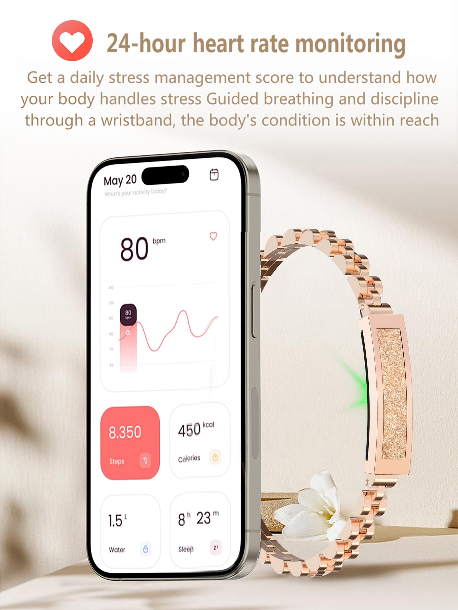findtime Pulsera inteligente para mujer sin pantalla, podómetro, pulsera para mujer, joyas de oro rosa, plata, estrecha, monitor de frecuencia cardíaca, monitor de sueño, SpO2, pulsera de fitness con