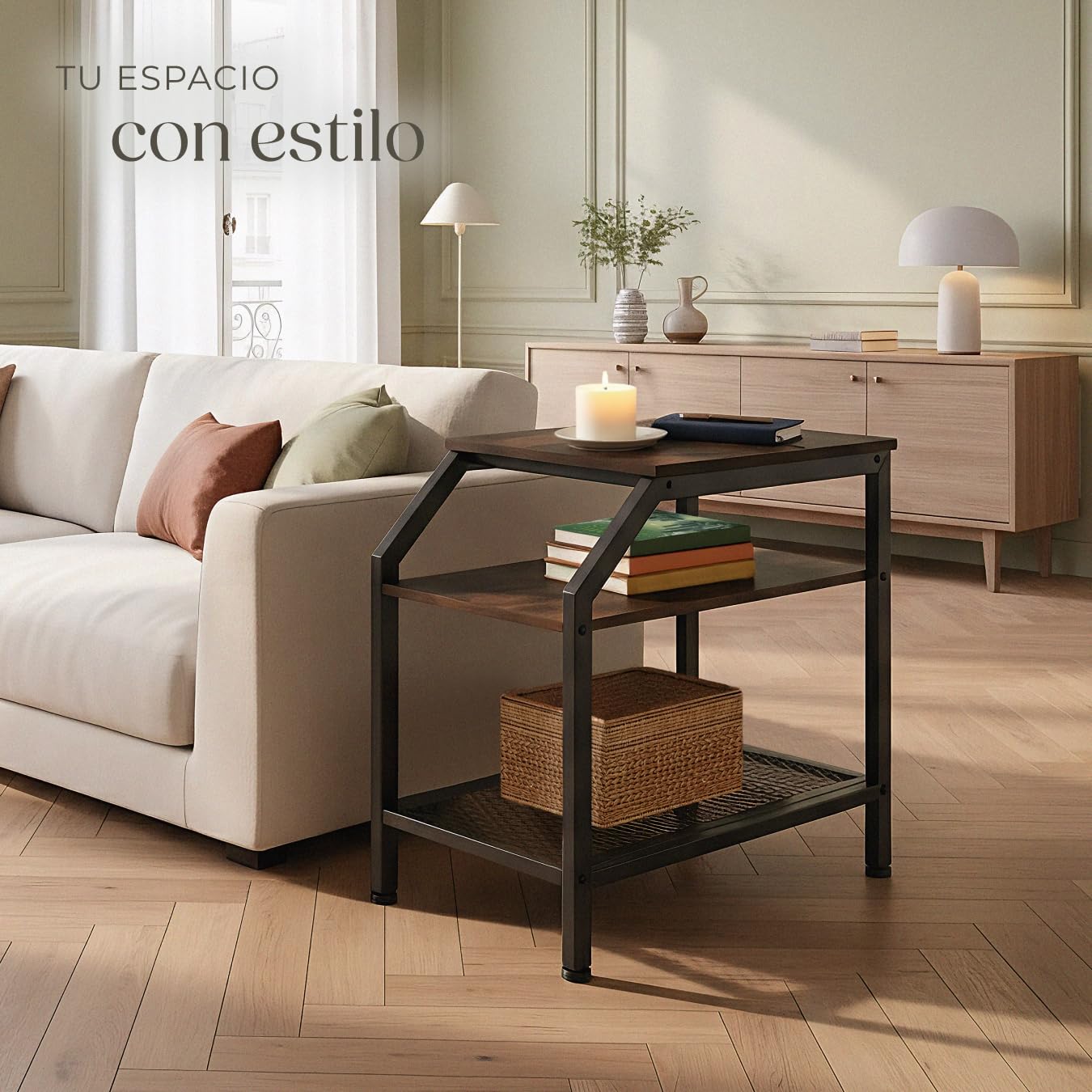 tectake® Mesa Auxiliar Madera y Acero, 2 Estantes, Mueble Auxiliar Salon, Dormitorio y Oficina, Decoracion Hogar, Mesitas de Noche - 58,5 x 36,5 x 59,5 cm Madera Industrial Oscura, Rústica