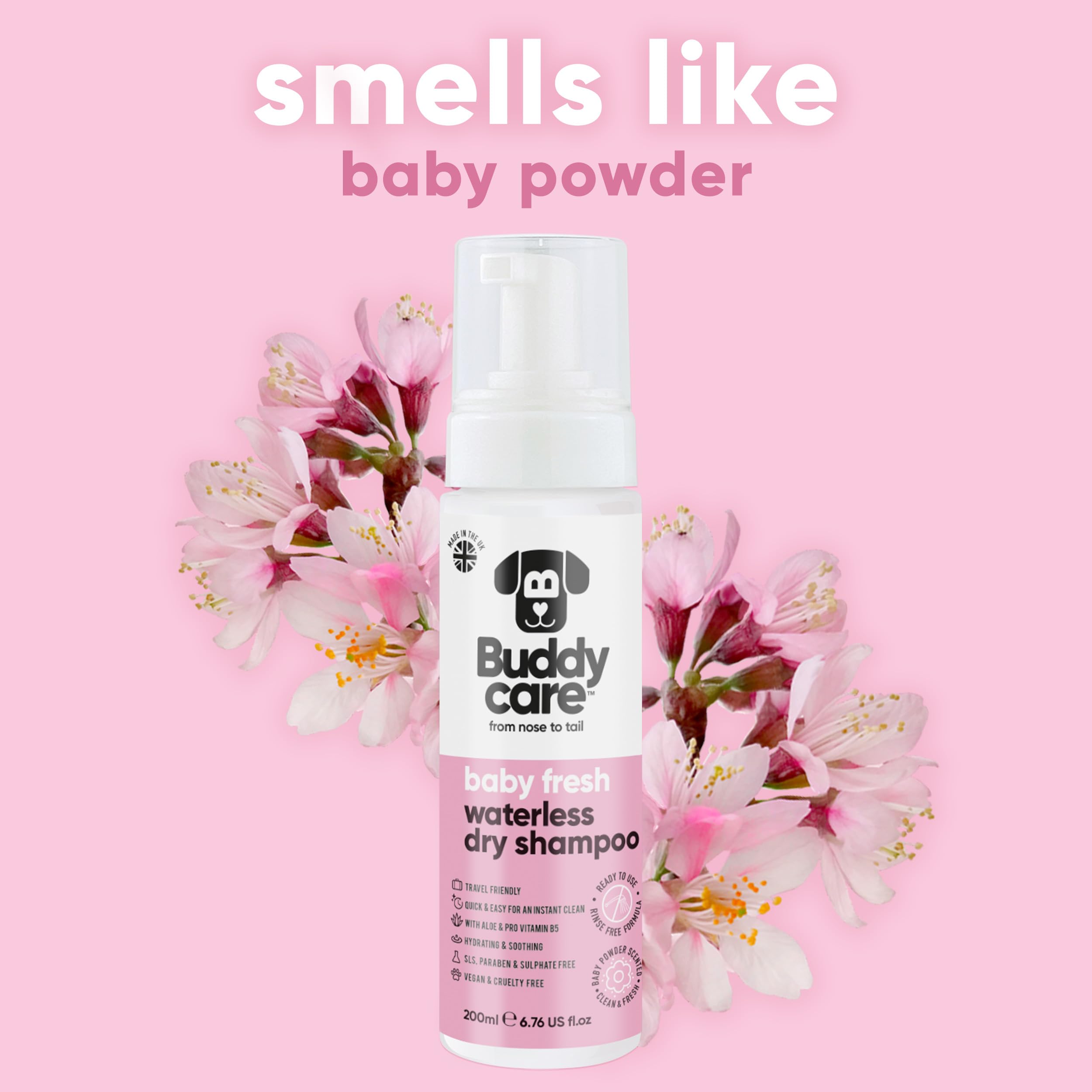 Buddycare Bezwodny, suchy szampon dla psów (200 ml) | świeży szampon dla psów dla wrażliwej skóry | naturalny, łatwy w użyciu suchy szampon do czystego, świeżego sierści