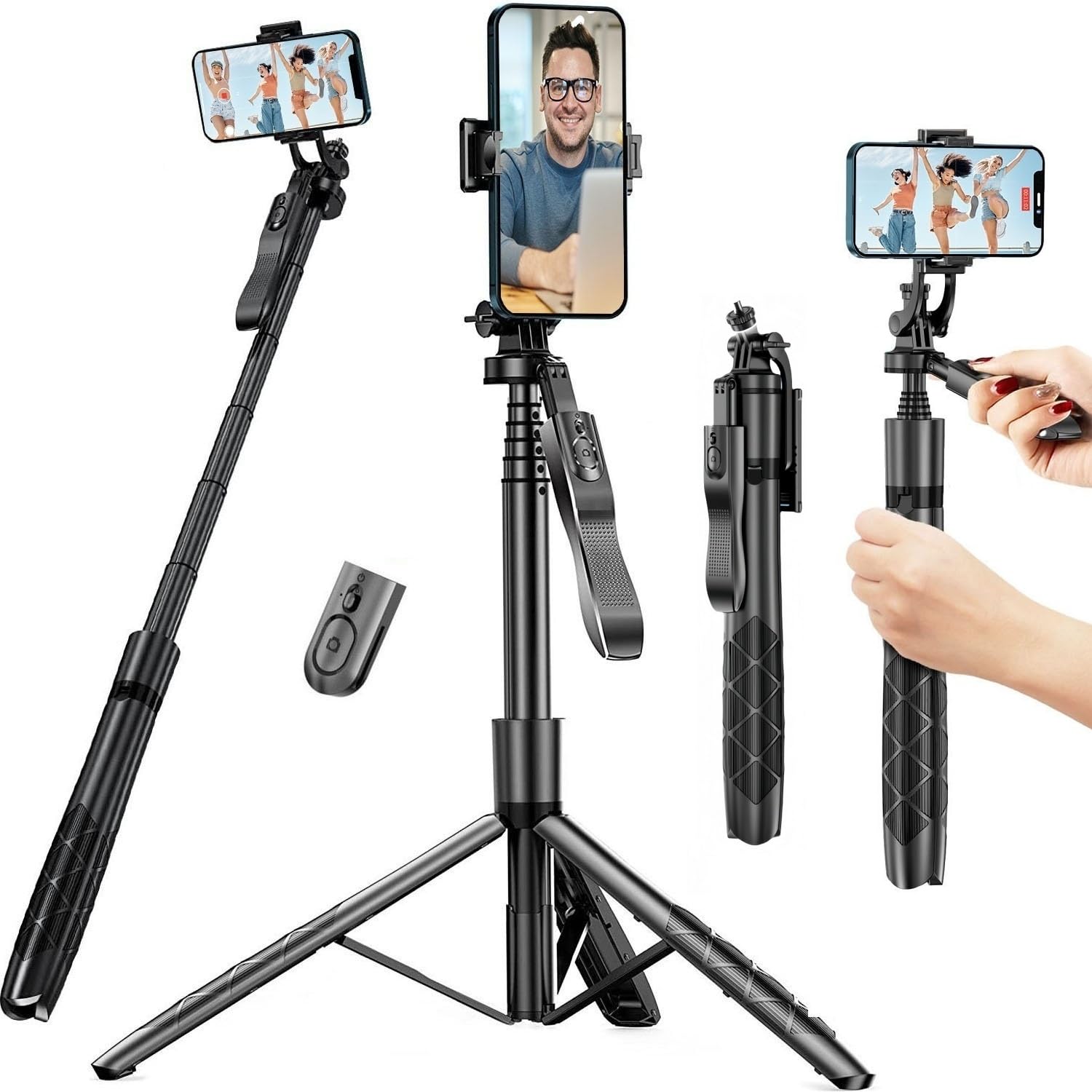 60" Phone Tripod & Selfie Stick - All in One Extendable Cell Phone Tripod 360° Rotation with Remote, Portable Tripods Stand for iPhone Travel Selfie Stick Camera Holder for Video Recording