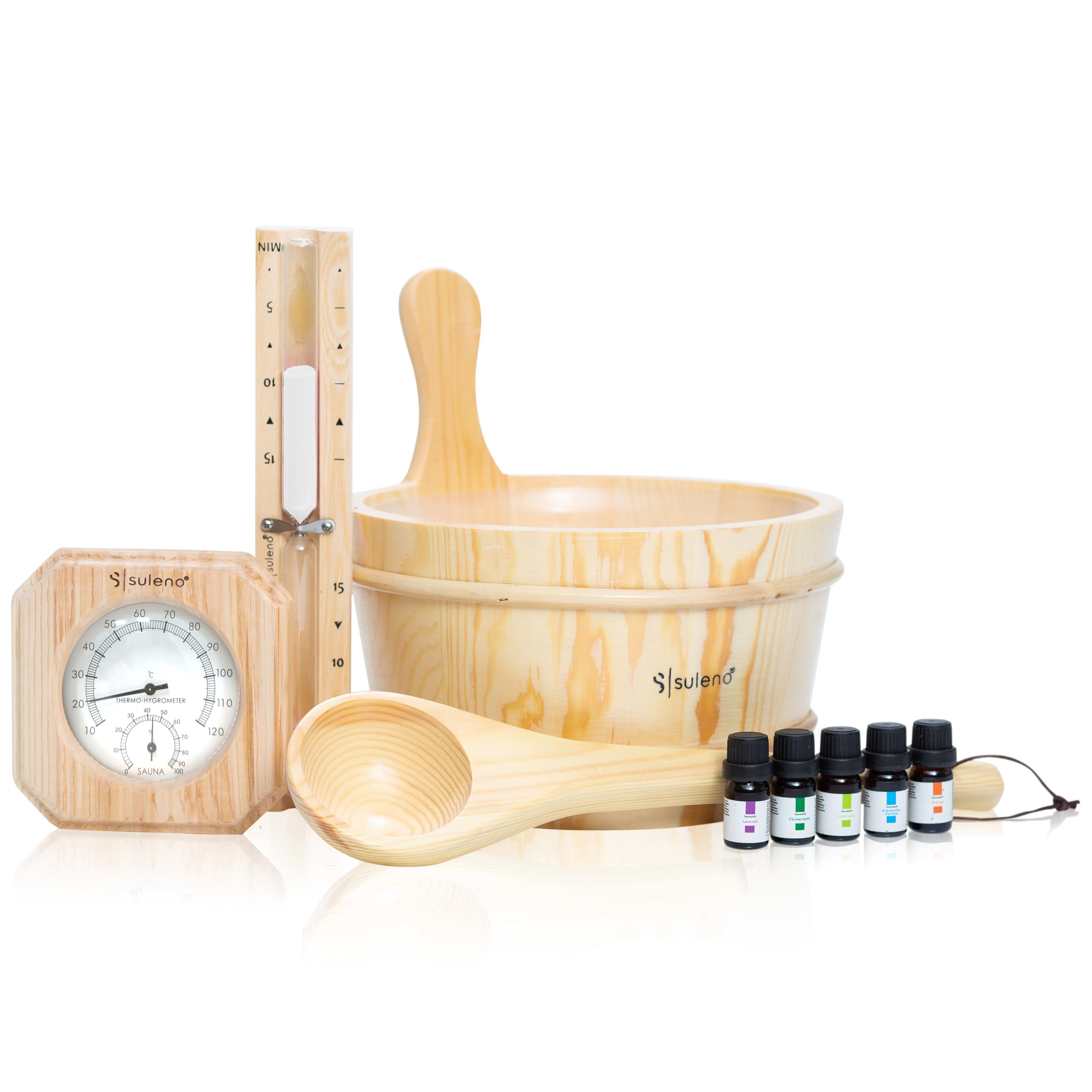 Saunaset 11-teilig - Kübel, Kelle, Thermo-Hygrometer, Sanduhr, Baderegeltafel & 5 Duftöle