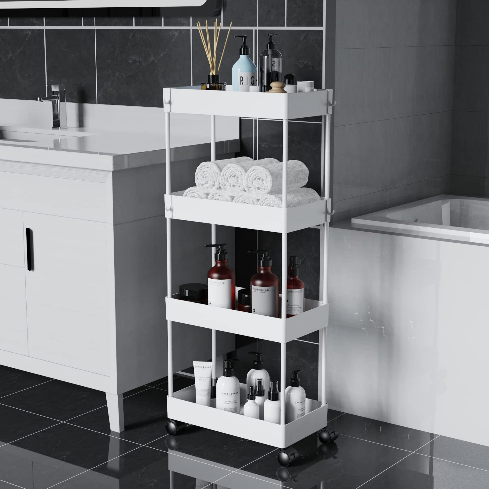 Cucn Slim Storage Cart, 4 Tier Bathroom Storage Cart with Wheels Slide