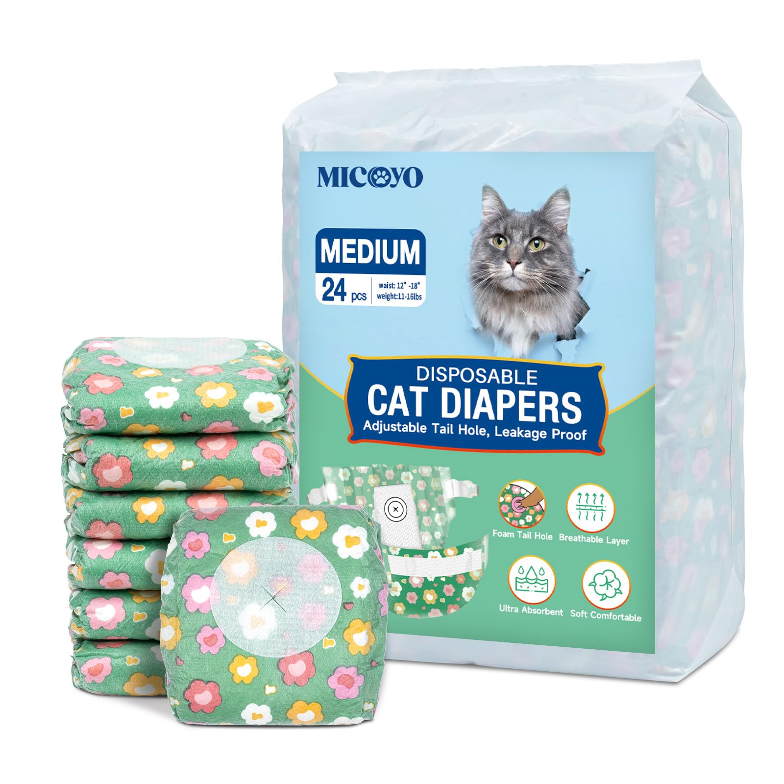 MICOOYO Disposable Cat Nappies Female Super Absorbent Puppy Nappies Cat Dog Hygiene Pants Cats Diapers for Female in Heat & incontinence(M, 24pcs,green) — image 1