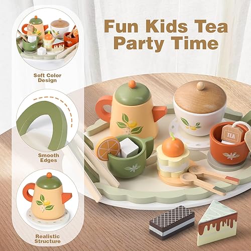 Miniatura 3 de Dreamon Juego de té de madera para niños pequeños de 3 a 5 años, regalo de cumpleaños para niñas, juegos de juguetes de comida para niños de 3, 4,