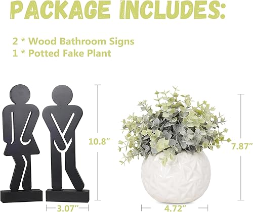 Miniatura 6 de Juego de 3 letreros decorativos de madera rústica para baño con una planta artificial en maceta