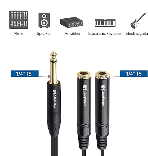 Miniatura 3 de Cable Matters Paquete de 2 cables divisor TS macho a 2X TS hembra 14 (cable divisor de 0.250 in) en negro - 0.7 ft  6 pulgadas