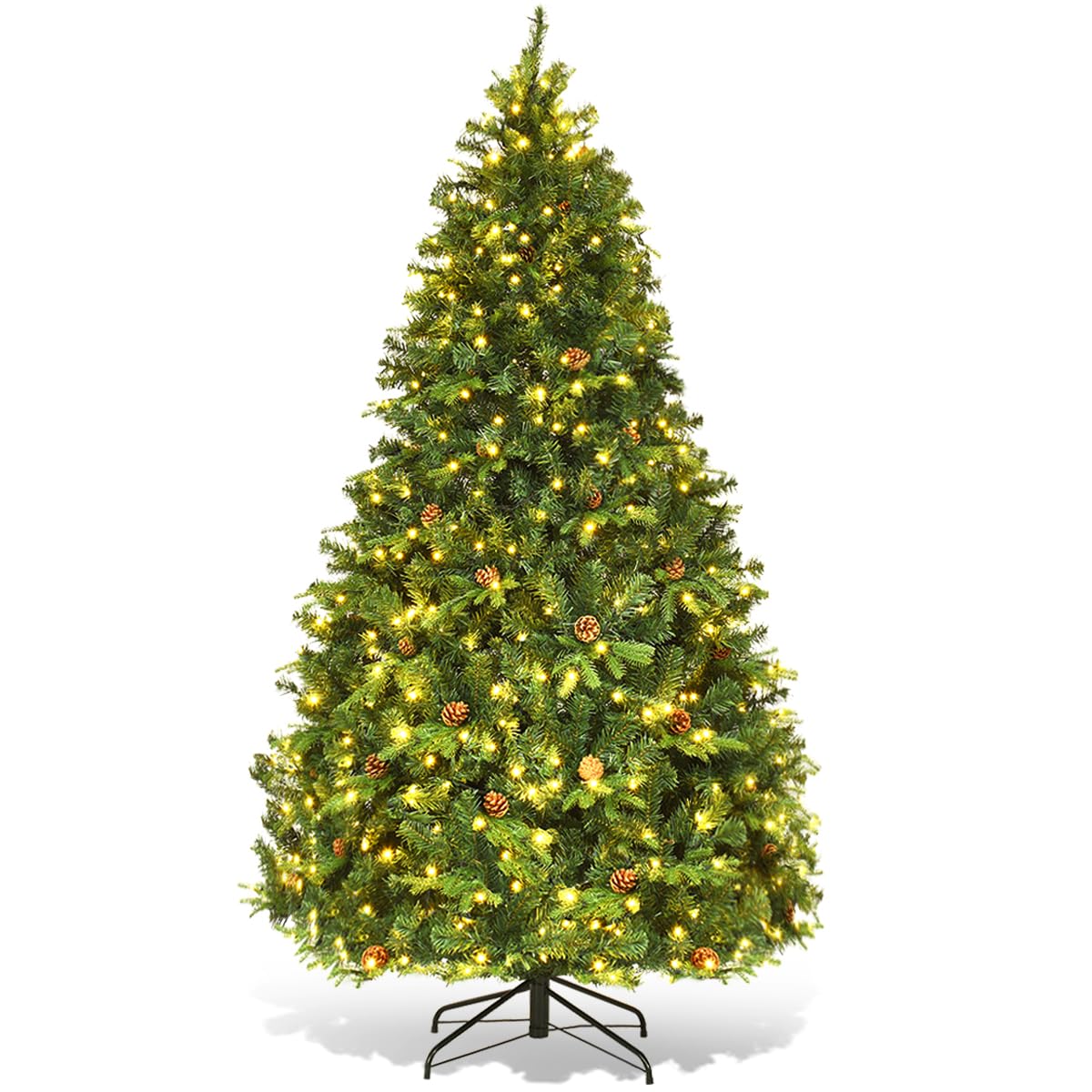 GOPLUS 210/225/240cm Künstlicher Weihnachtsbaum mit Beleuchtung, Tannenbaum künstlich mit Tannenzapfen, Christbaum für Zuhause, Büro, Wohnzimmer (240 cm)