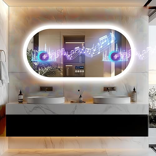 LUVODI Smart LED Bathroom Mirror: 48”x24” Large Wall Mounted Oval Vanity Mirror with Bluetooth Speaker and Time Temperature Display - Dimmable Lighted Makeup Mirror with Front&Back Lit Memory Function
