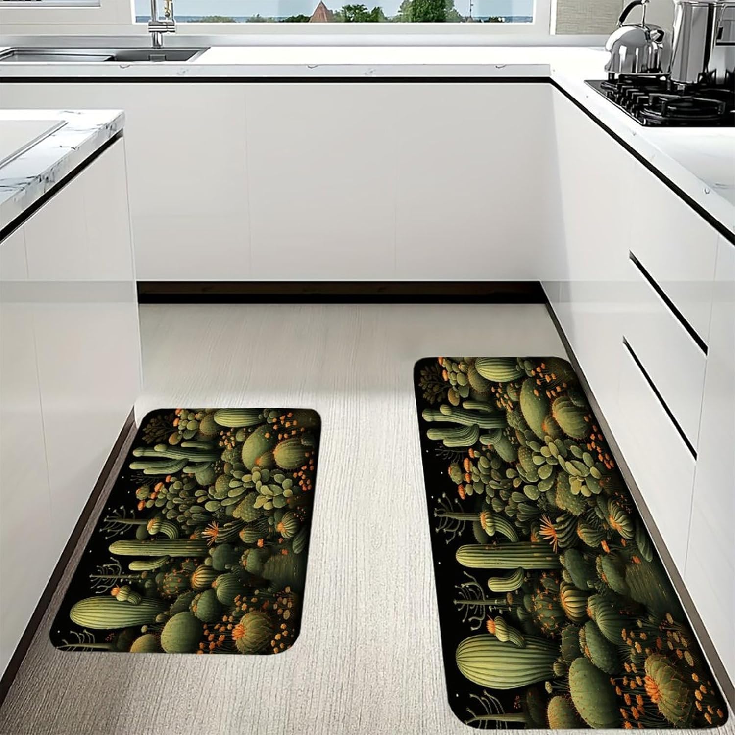Green Cactus Kitchen Mats with 2PCS Non-Slip Washable,Kitchen Rug Heavy Duty Durable, Floor Mats for Kitchen,Office,Sink,Laundry