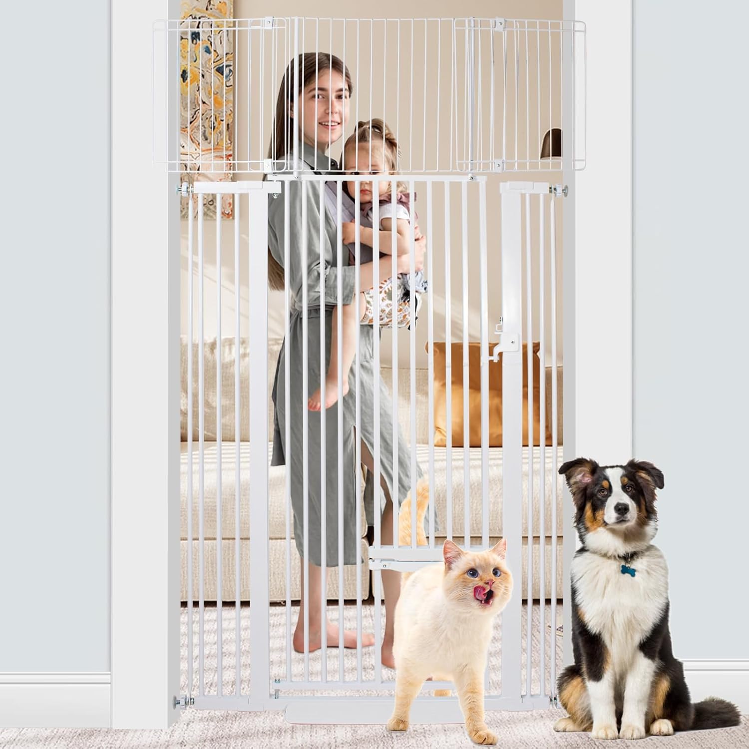 71 Inch Extra Tall Pet Gate with Small Cat Door, Adjustable 29.55" and -40.55" Wide Baby Gate, Tall Dog Gates for Doorway, Stairs, House,White White 71"tall,29.55"-40.55"