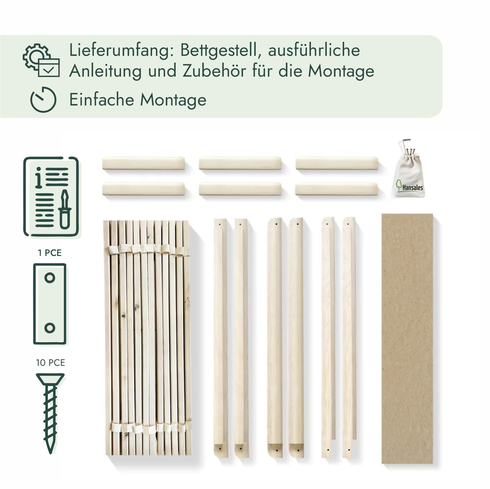 Hansales Bettgestell 90x200 cm Tallina mit Lattenrost, Futonbett aus Massivholz mit Rollrost, stabiles Holzbett belastbar bis 250 kg, FSC®-zertifiziertes Einzelbett mit Lattenrost.