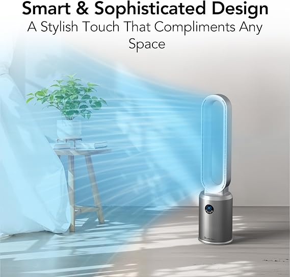 Comfort Zone 40-Inch Bladeless Tower Fan for Bedroom Quiet Standing Fan with Remote Control, 9H Timer & Wide Area Oscillation Turbocharged Airflow & Digital LED Display Silver