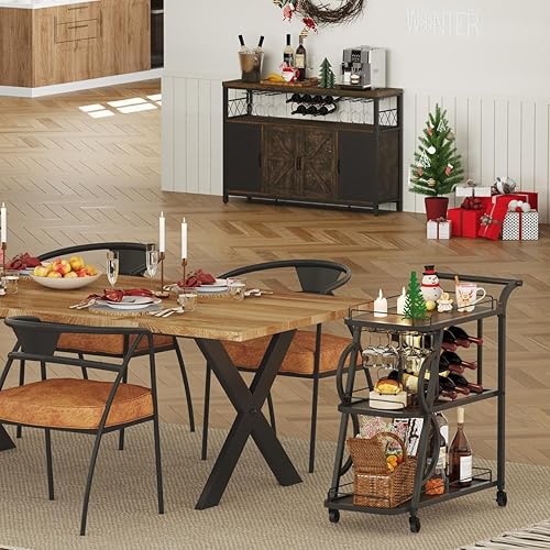 Miniatura 8 de Aubtik Carrito de bar rústico con ruedas, carrito de servicio industrial con estante para vino y soporte para vidrio, carrito móvil de bebidas para