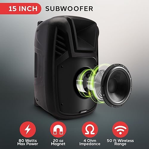 Miniatura 5 de Pyle Altavoz portátil - Altavoz de salida de potencia máxima de 15 pulgadas, 80 vatios, sistema PA con luz LED, asas, ruedas y control remoto,