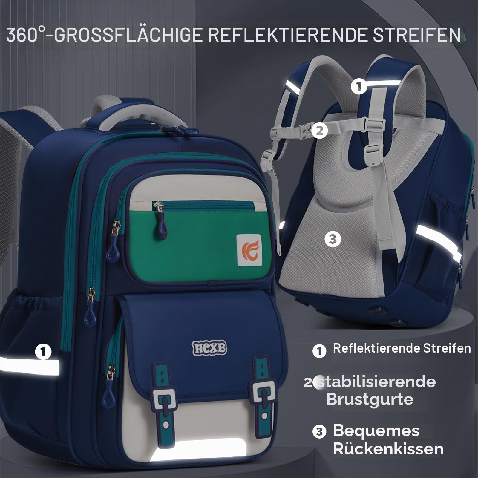 Amythe Schulrucksack Jungen 1. - 5. Klasse mit Reflektierend für Schule | Ergonomisch Schulranzen Lässiger Schultasche mit Brustgurt, Wasserdicht - Blau