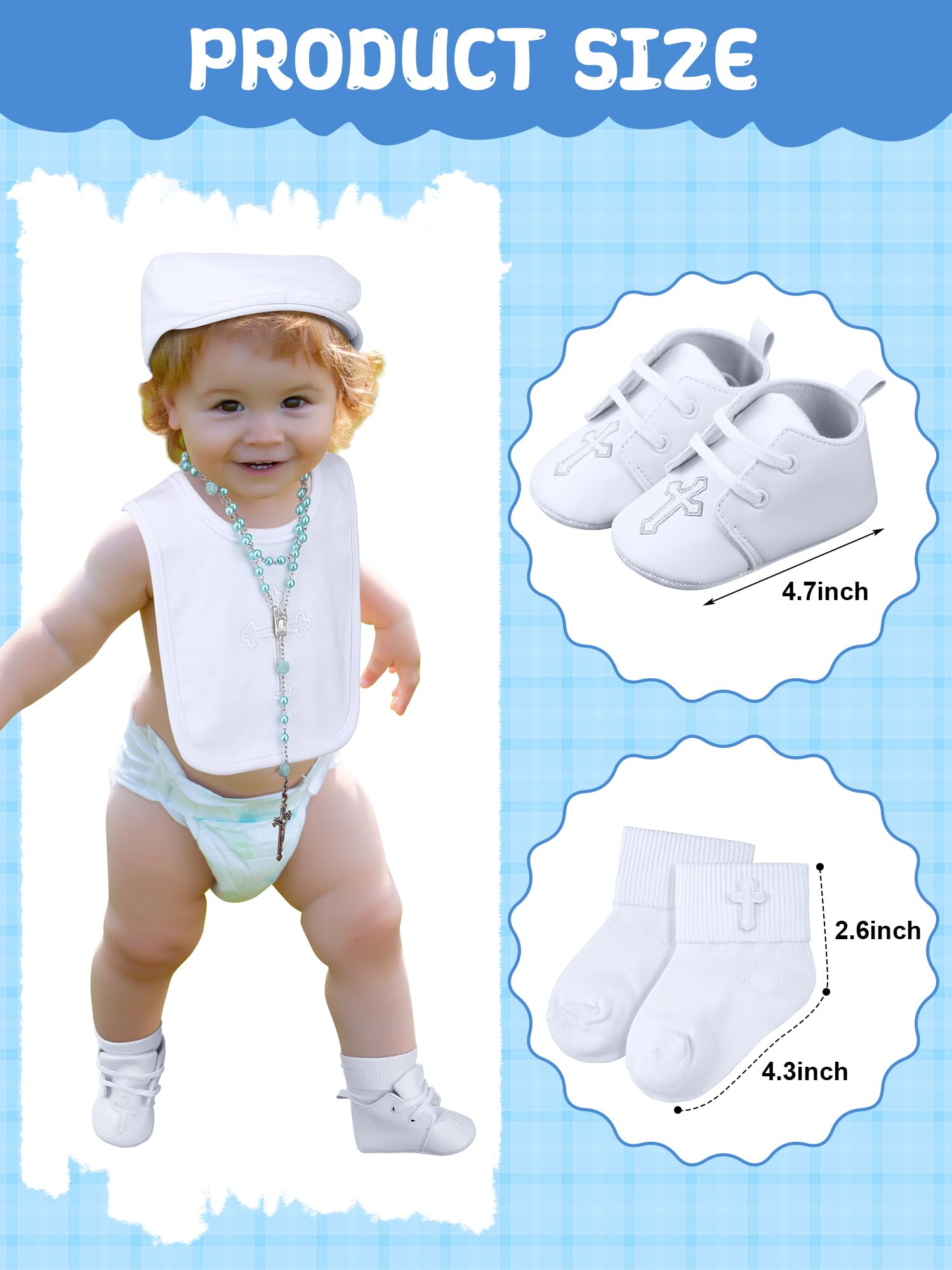 5 baberos de bautizo para bebés y niños, calcetines de bautizo, zapatos, sombrero, rosario, trajes de bautizo blancos para niños pequeños, regalo de primera comunión, blanco, aproximadamente