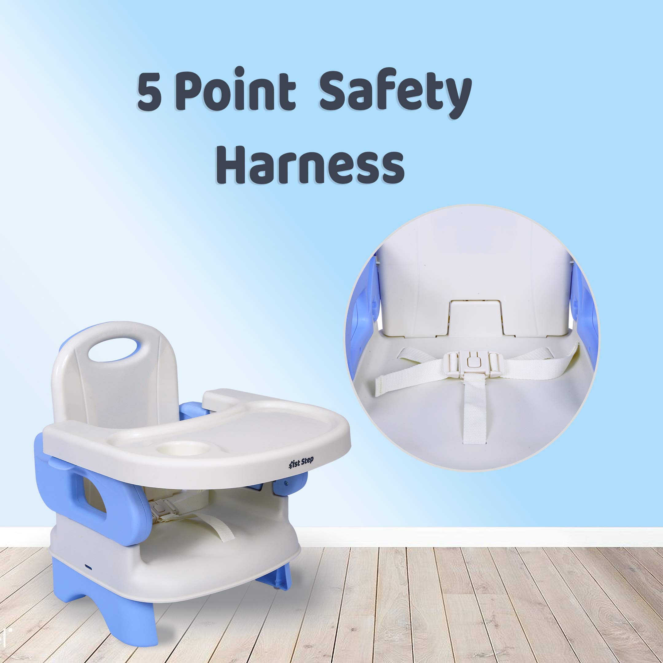 1st Step 2 in 1 Portable Booster Seat Cum Feeding Chair with 2 Level Height Adjustment and 5 Point Safety Harness (Blue) 1