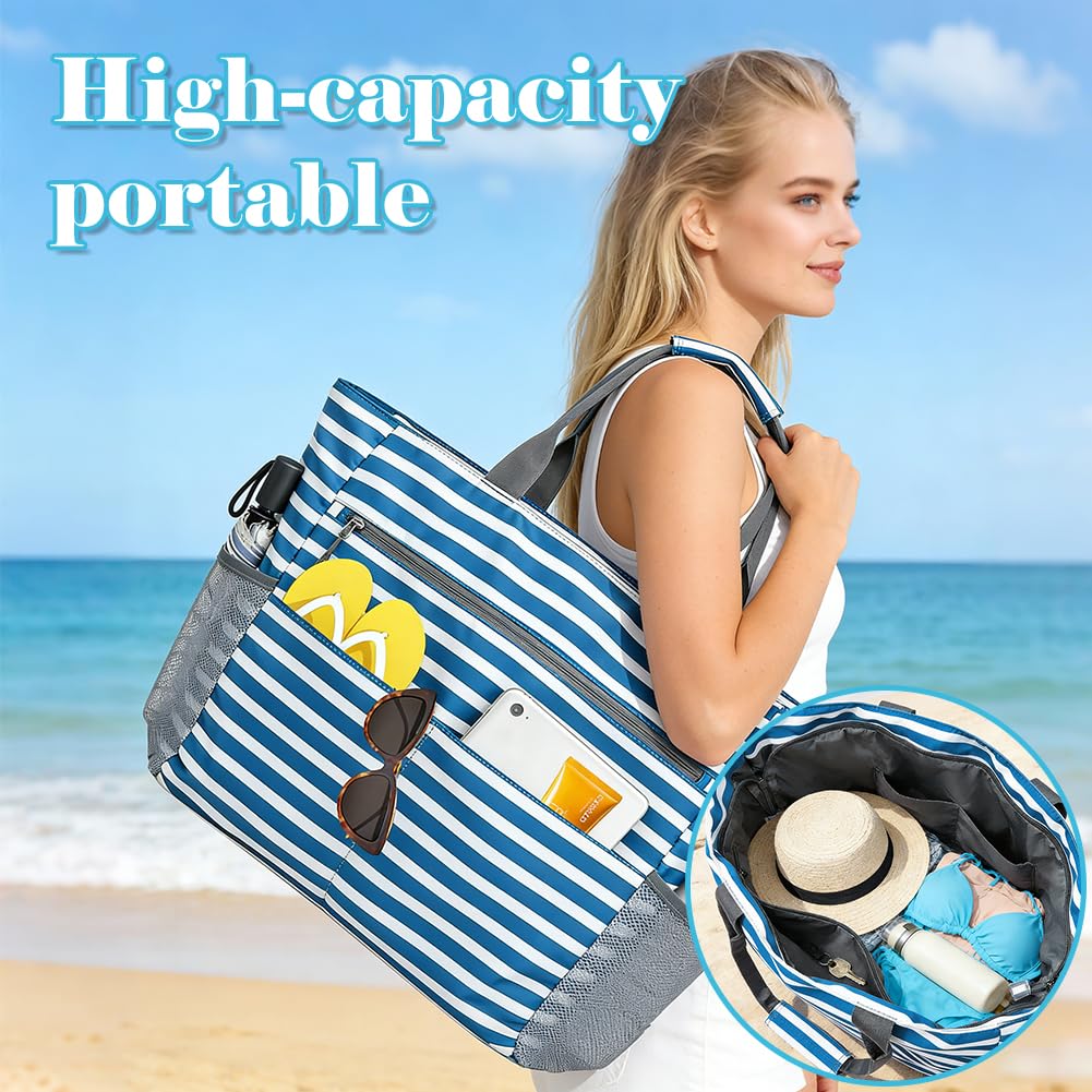 Große Strandtasche mit Reißverschluss für Familie, Faltbare XXL Beach Tote Bag, Große Badetasche Damen, Wasserdichte Sandabweisend für Strand, Pool, Picknick & Reise